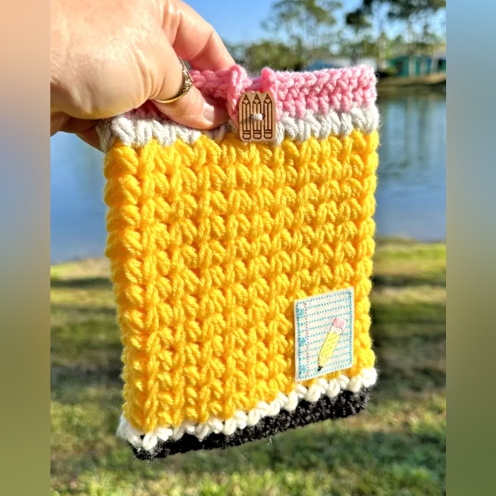 Handmade Crochet Pencil Look Book Sleeve Cover Kindle 6.75"x8.5" Teacher Gift